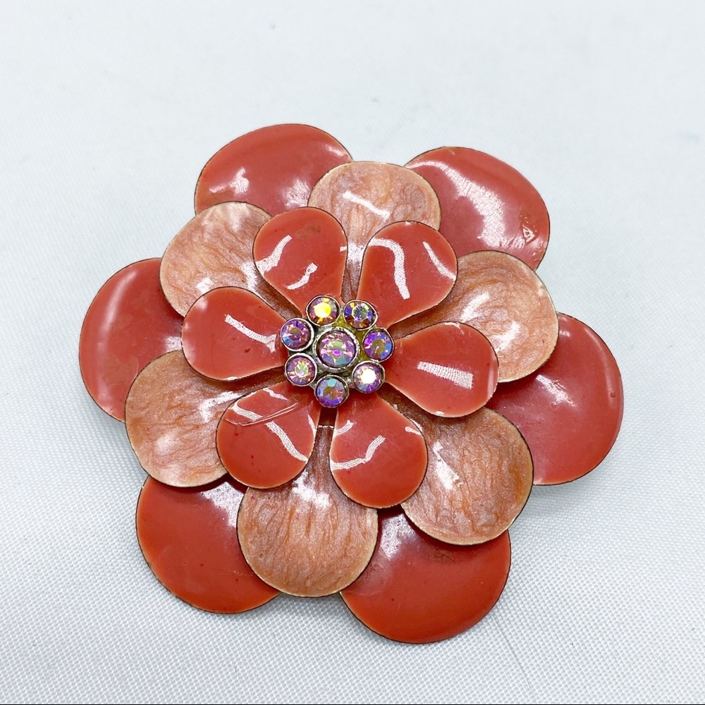 Vintage Coral Pink Enamel Brooch Crystal Center